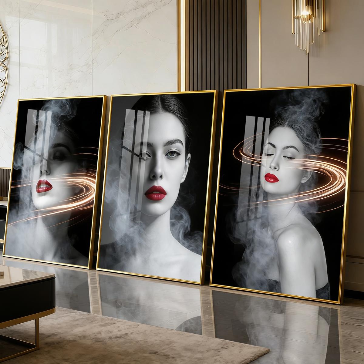 3 Counts Aluminum Alloy Framed Painting, Abstract Smoke And Light Portrait Pictures, Home Decoration For Living Room, Bedroom, Office, Restaurant, Hallway Wall Decor, Odorless Print Artwork, Luxury Perfect Gift For Friends And Family