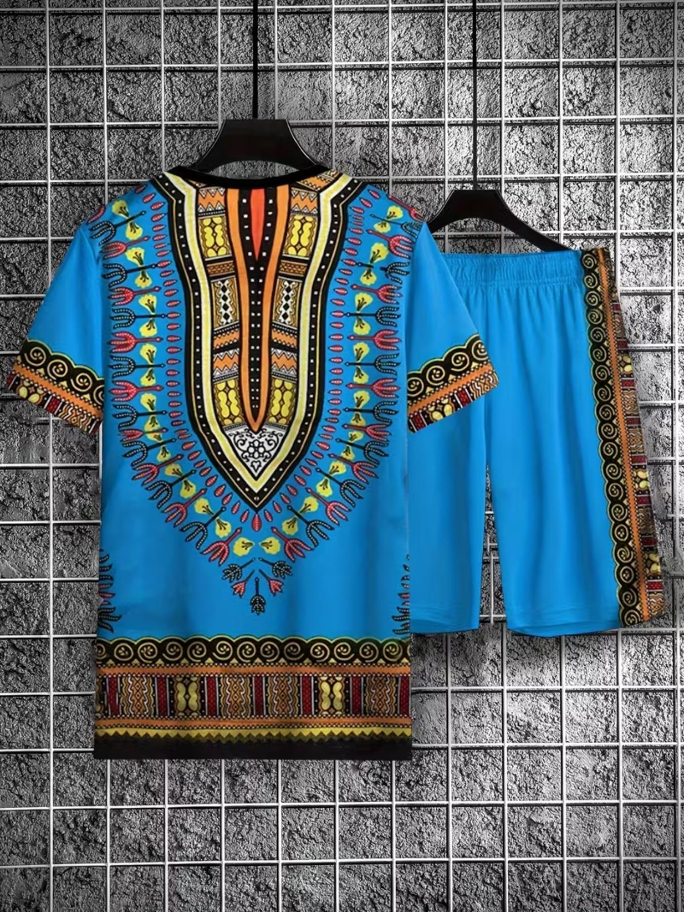 Men's Ethnic Style Pattern Set, Digital Print Short Sleeve Round Neck T ...