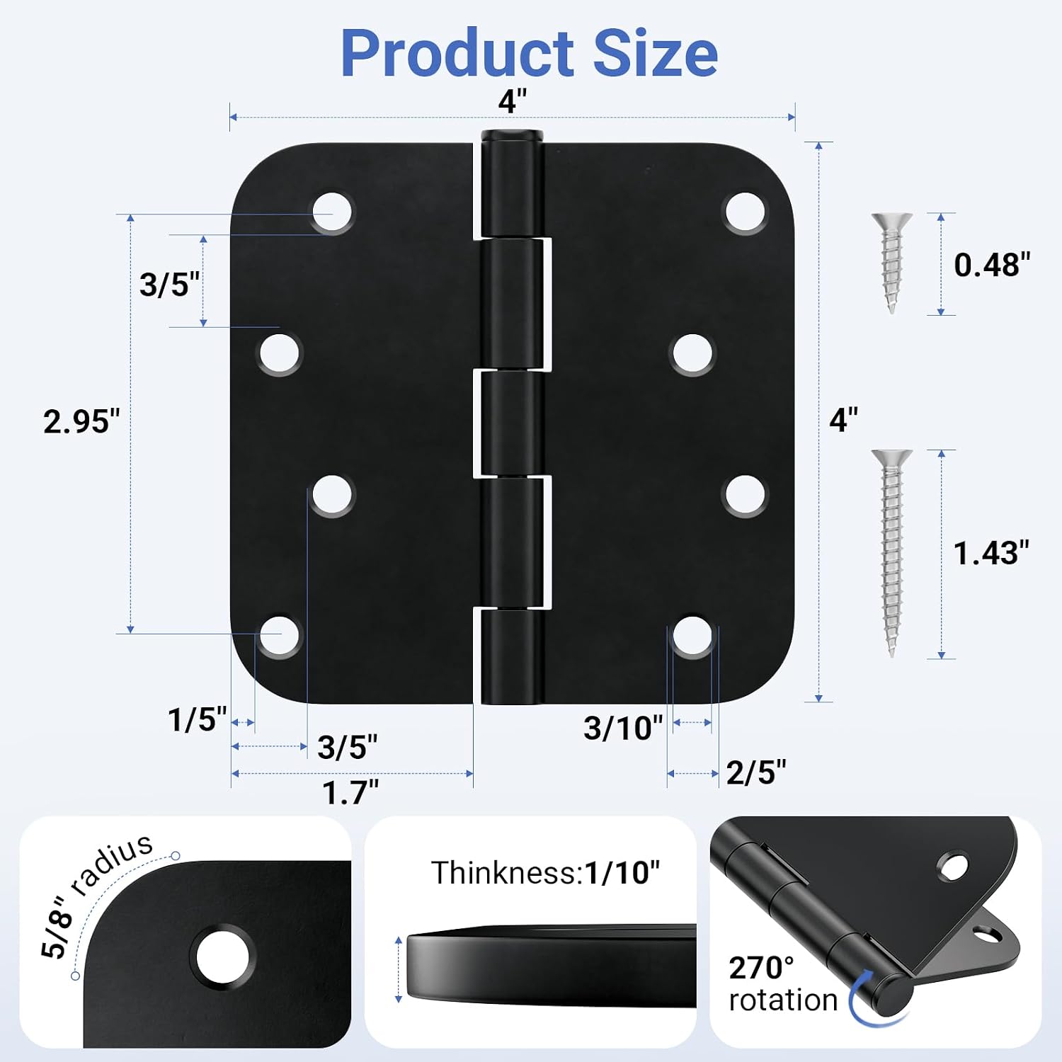 3 Pack 4 Inches Heavy Duty Solid Iron Door Hinges, Matte Black Corrosion Resistant Interior/Exterior Hinges with 5/8" Radius Corner, Removable Pin for Front Door, Garage