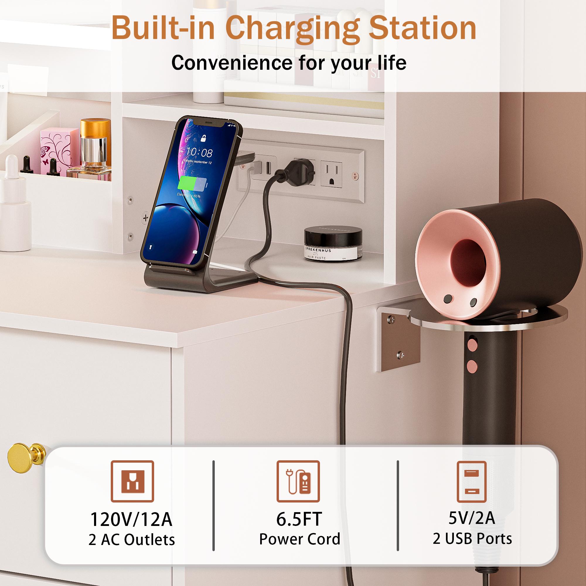 Vanity Desk with Mirror and Lights, with Power Outlet and LED Jewelry Cabinet Modern Capacity Makeup Vanity with 7 Drawers, Makeup Table for Bedroom,Makeup Room,White