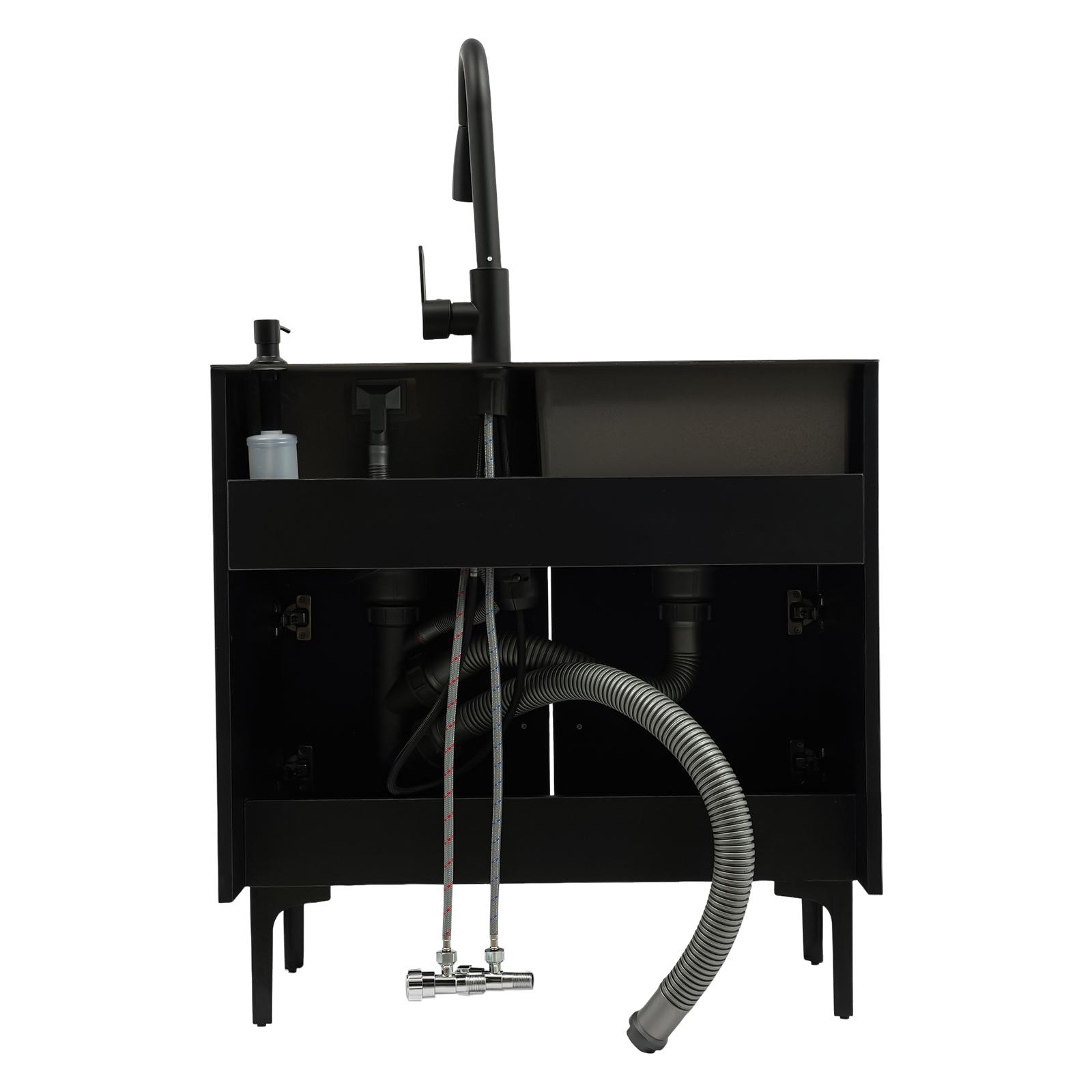 Laundry Utility Sink with Cabinet & Pull-Down Faucet Freestanding Stainless Steel Utility Sinks with 2 Doors Deluxe Bouble Kitchen Sink Wash Station Tub for Laundry & Kitchen, Bathroom(Black)