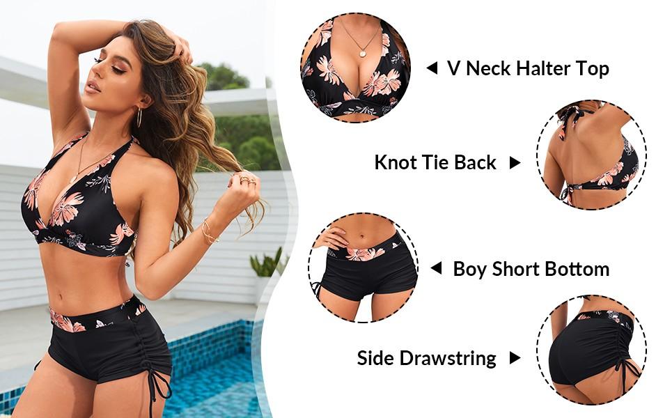 Holipick Two Piece Bathing Suit with Shorts for Women Push Up Bikini Swimsuit Set with Boy Short V Neck Bikini Top with Boy Shorts for Women Halter Bikini with Side Tie Bikini Bottom Sporty Bikini Sets