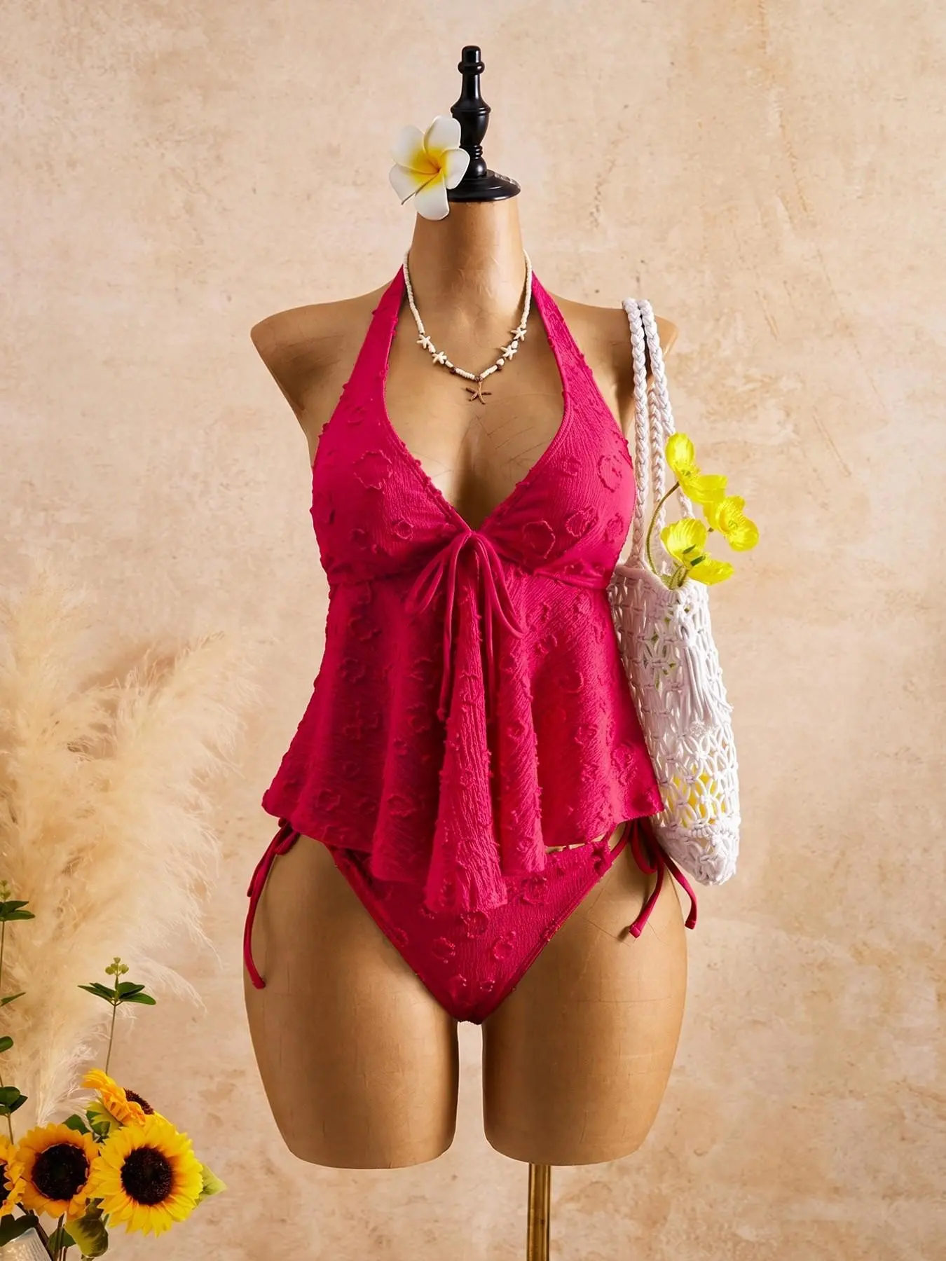 2026 Summer Women's Solid Color Halter Bikini Set, Detachable Two-Piece Swimsuit for Beach Vacation, Boho Style Fitted Suit