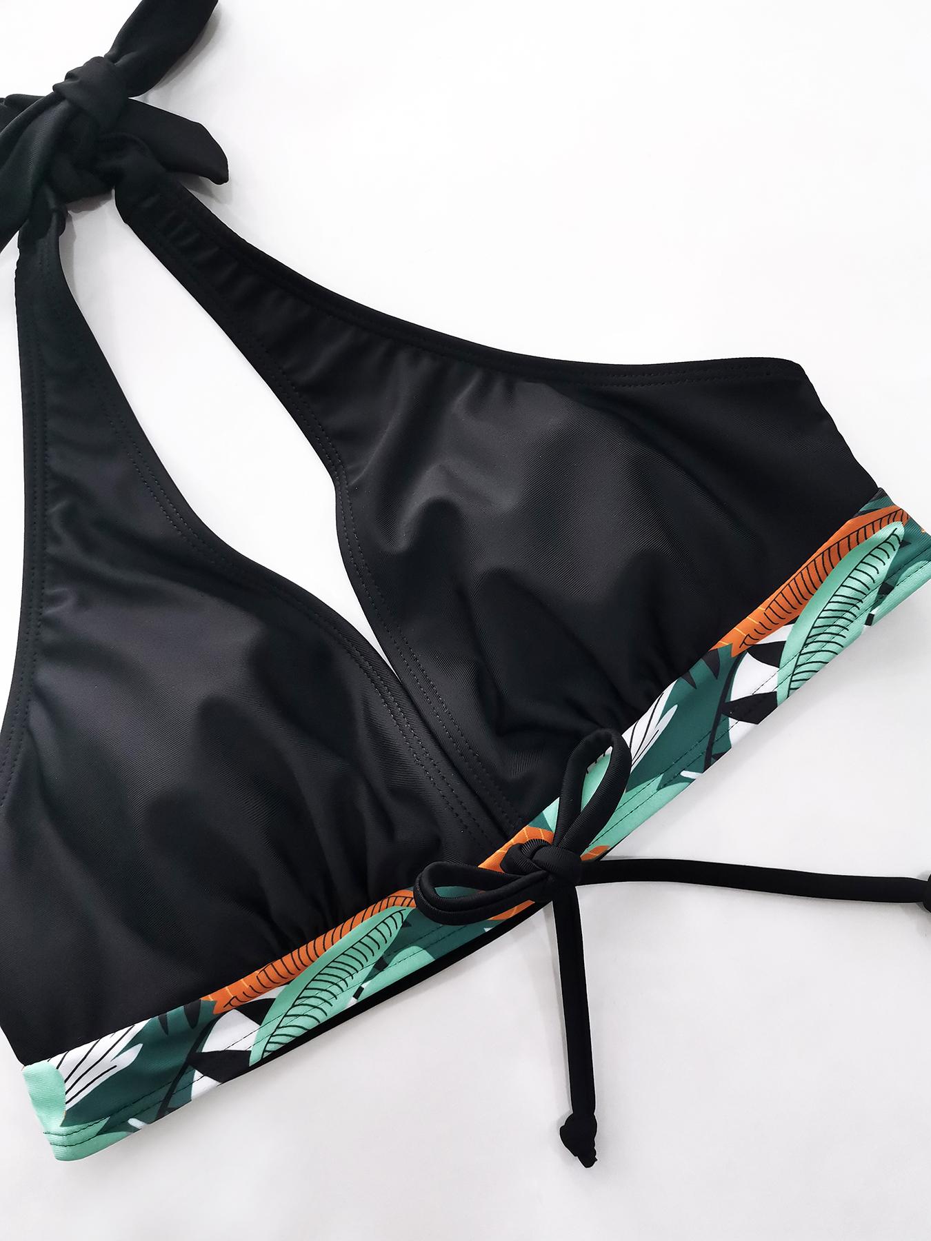 Women's Tropical Print Halter Knot Front Wireless Swim Bra & High Waist Shorts Bikini Set, Summer Outfits, Tummy Control Swimwear, Tie Back  Leaf Print Bikini Sets, Activewear, High Waisted Bikini Sets, Swimsuit Style, Beach Bikini Set,