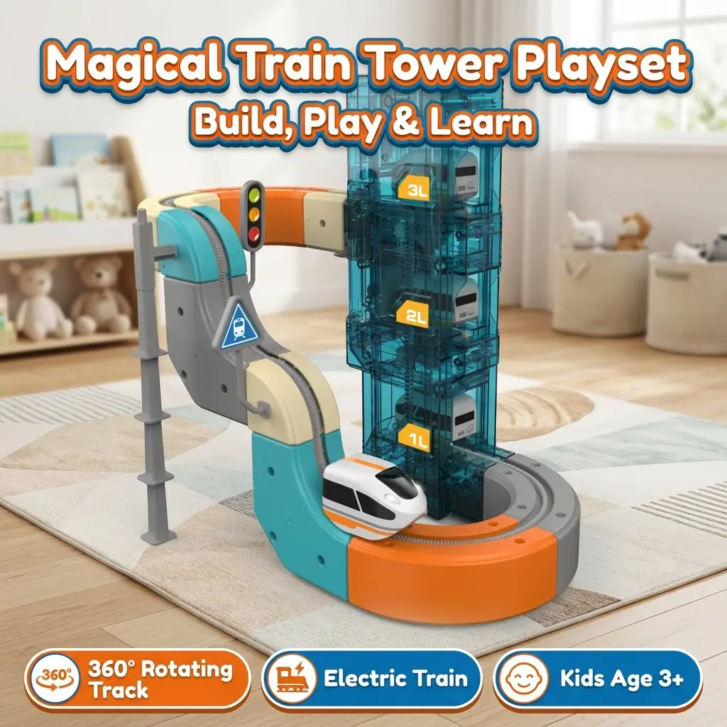 Multi-Level Lift Tower Electric Train Toy, DIY Buildable Rail Track Set, Educational Kids Train Playset for 3+ Years Old