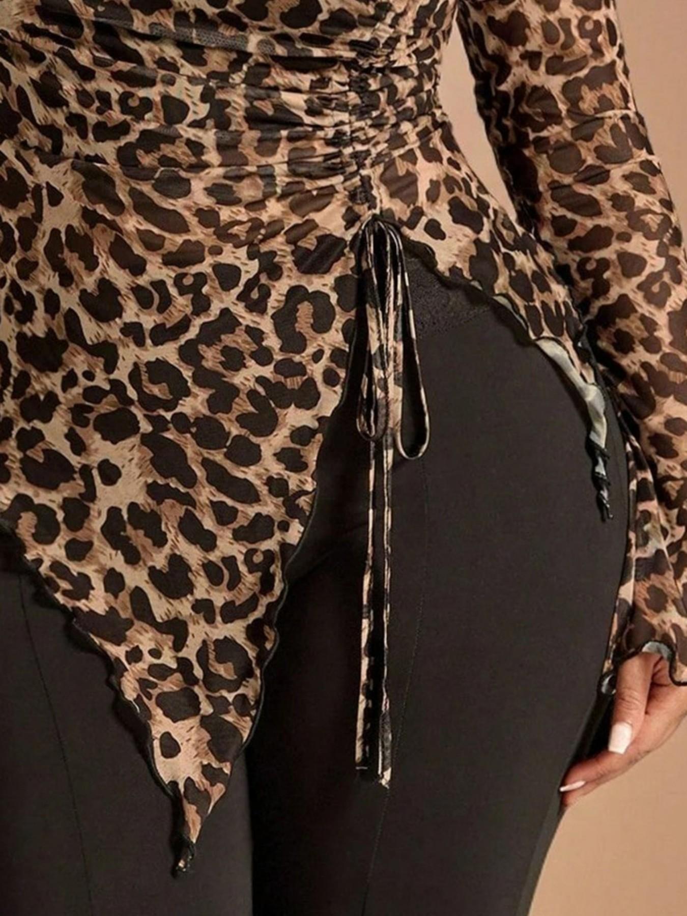Plus Size Leopard Print Asymmetrical Drawstring Ruched Long Sleeve Top, Sexy Y2K Street Style Mesh Shirt, Perfect for Parties and Daily Wear Plus Size Leopard Print Asymmetrical Drawstring Ruched Long Sleeve Top, Sexy Y2K Street Style Mesh Shirt, Perfect for Parties and Daily Wear
