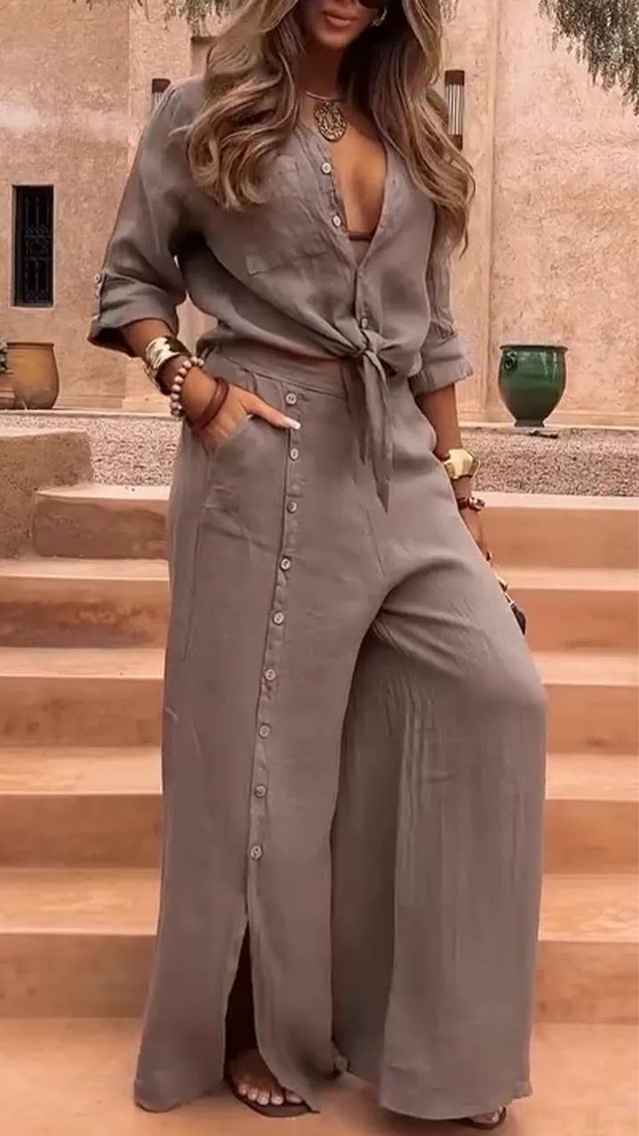 MOVRA1 Women's 2-Piece Lightweight Breathable Comfy Long-Sleeve Loose Fit Shirt Set with Tie Hem, Single Button-Decorated Wide Leg Pants with Slit, All-Season Casual Womenswear, Lady,, Longsleeves