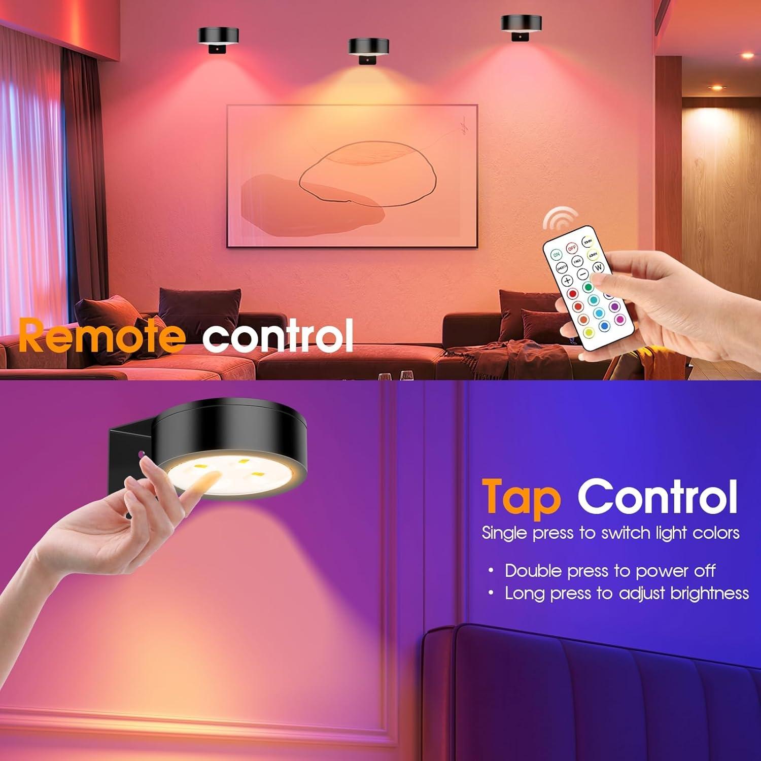 6PC/3PC/1PC RGB Color-Changing Spotlight, Motion Sensor Night Light, Wall Picture Lamp, Remote Control, Ambient Shadow Projector LED Painting Art Display, Scene Atmosphere Lights, Dimmable No Wiring Needed Battery Powered (Batteries Not Included)