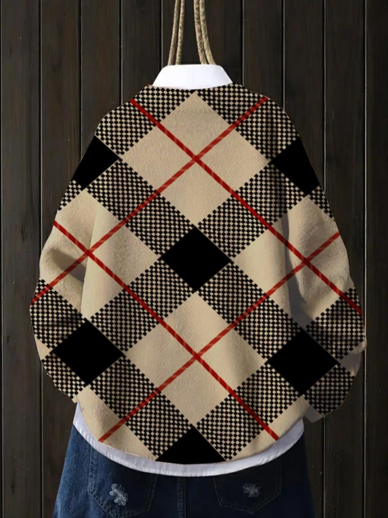 Women's Tartan Print Stand Collar Sweater, Fall & Winter Casual Long Sleeve Knitwear, Comfortable Warm Fitted Top for Daily Wear, Knitted Sweater