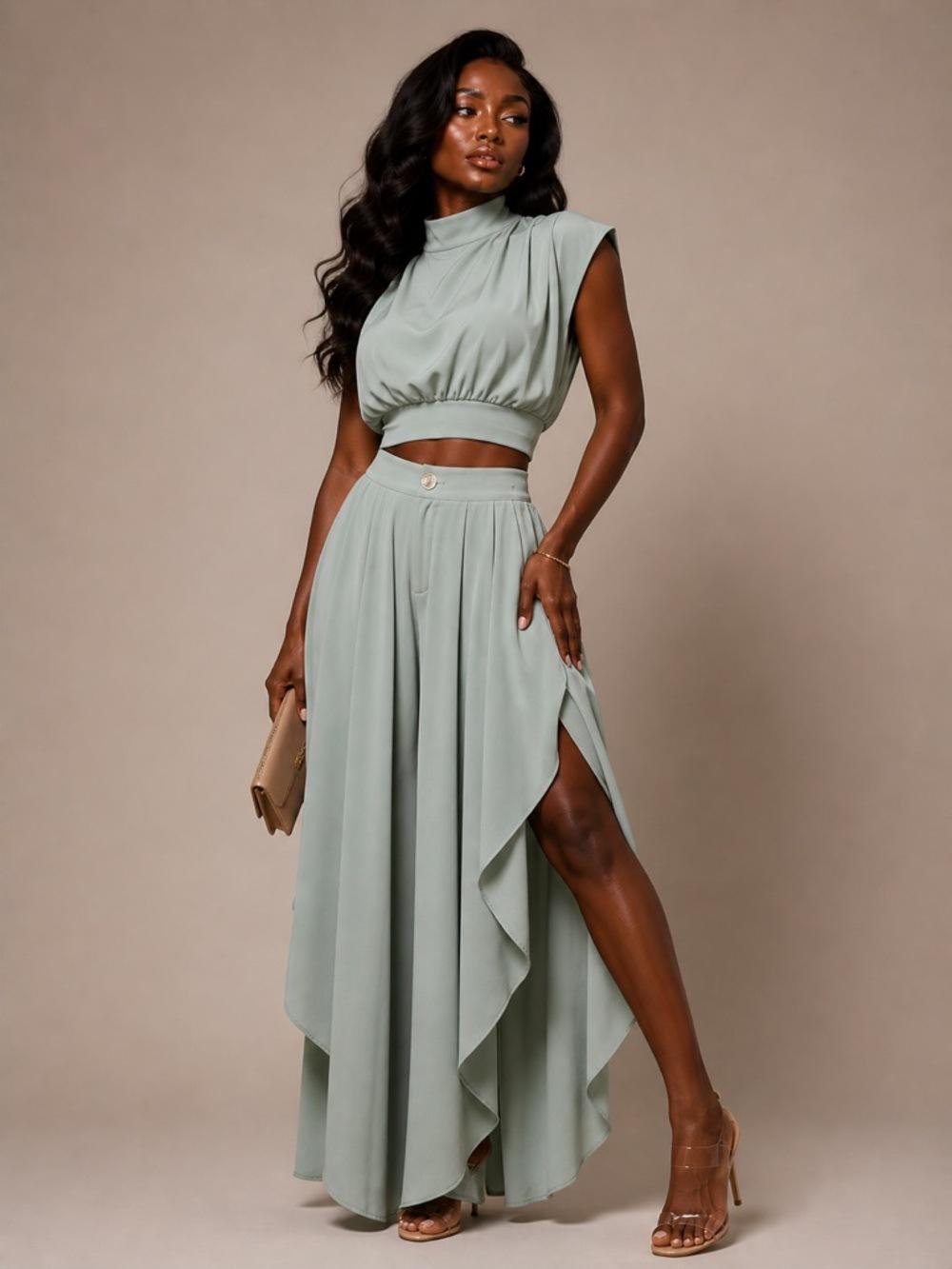 Women's 2-Piece Loose French Minimalist Summer Clothing Set - High-Neck Sleeveless Crop Top, Asymmetric Ruffled Wide-Leg Polyester Blend Pants, Oversized, Basic