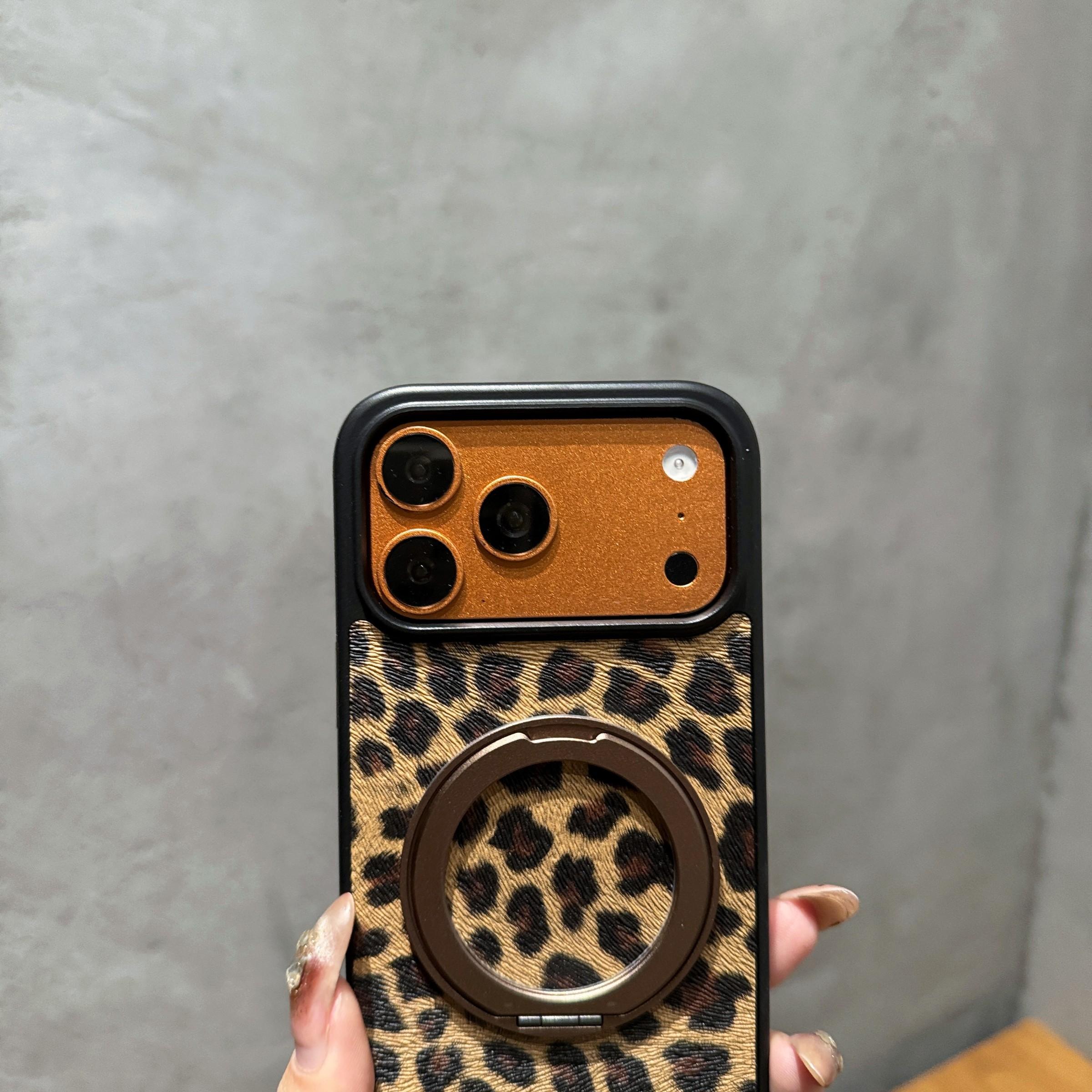 Women's Leopard Pattern 360 Rotating Magnetic Stand Apple Case, New Trendy iPhone Shell, Compatible with iPhone 17/16/15/14 Series