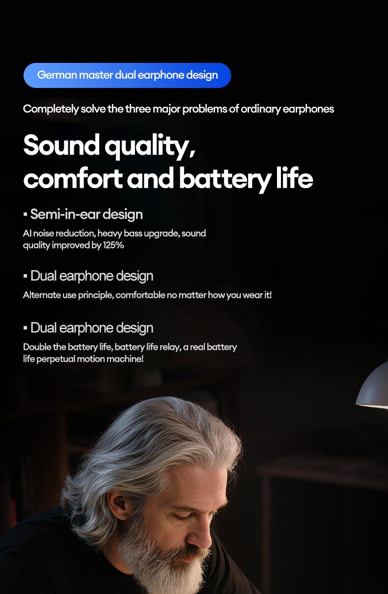 In-ear & clip-on 2-in-1 wireless Bluetooth headset Bluetooth 6.0 IPX5 sports waterproof and sweatproof Two earphones connected at the same time for uninterrupted listening Couple earphones