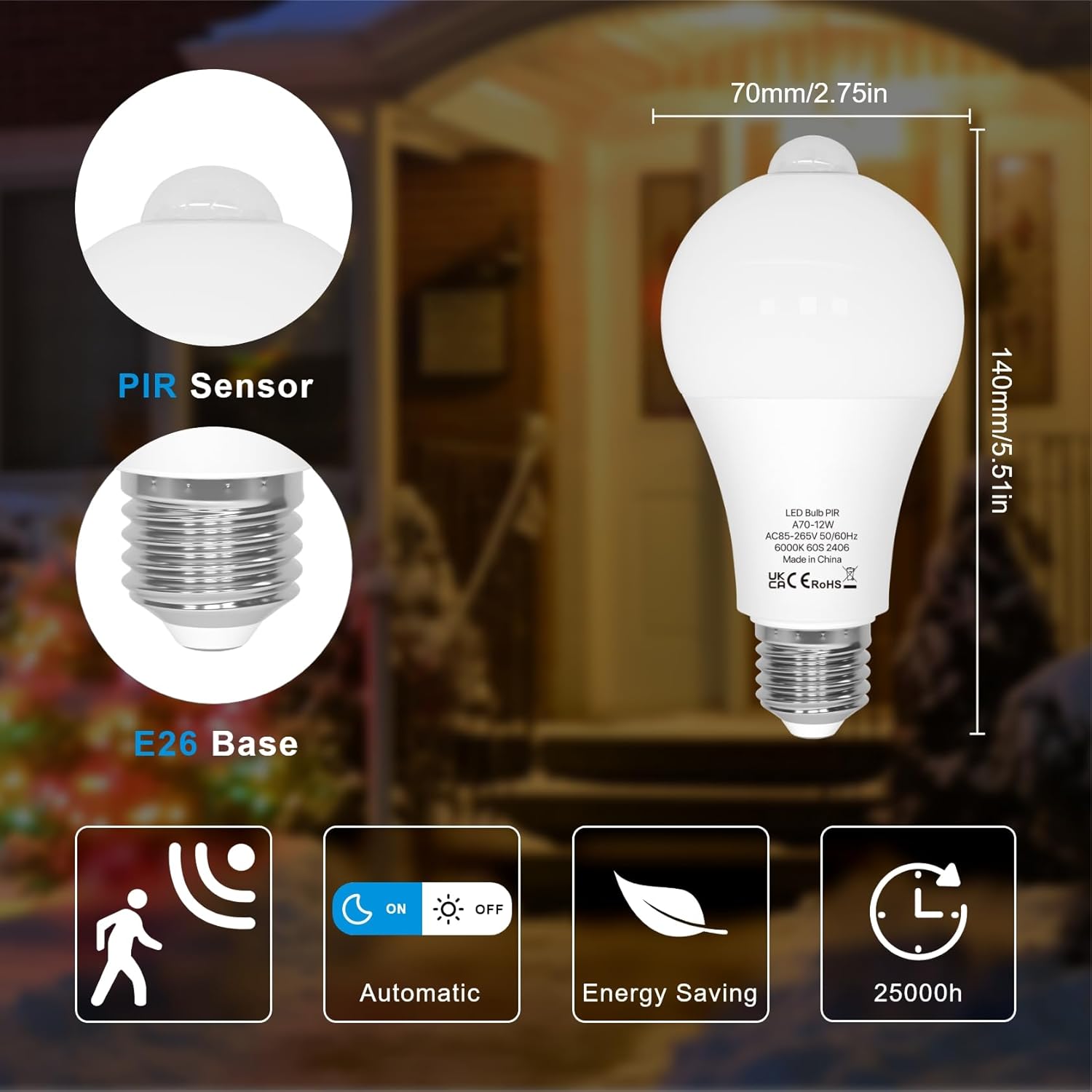 Motion Sensor Light Bulbs,A19 E26 12W Motion Activated ,LED Light Bulb for Garage,Porch,Hallway,Stairs,Front Door,2/4 Pack