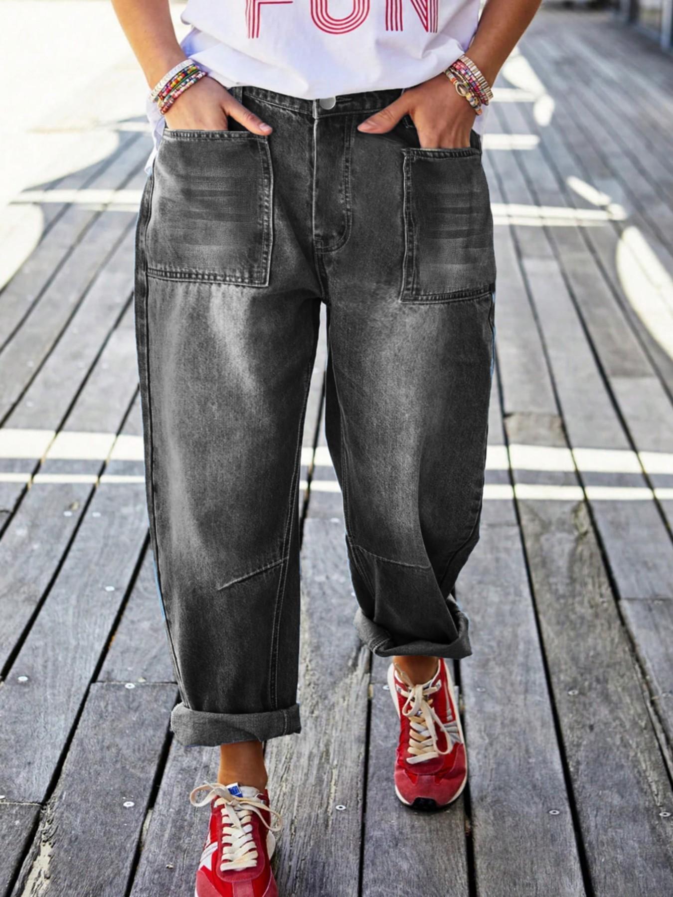 Plus Size Light Wash High Waist Denim Jeans, Relaxed Cuffed Cropped Baggy Pants, Vintage Coastal Casual Utility Wear for Women