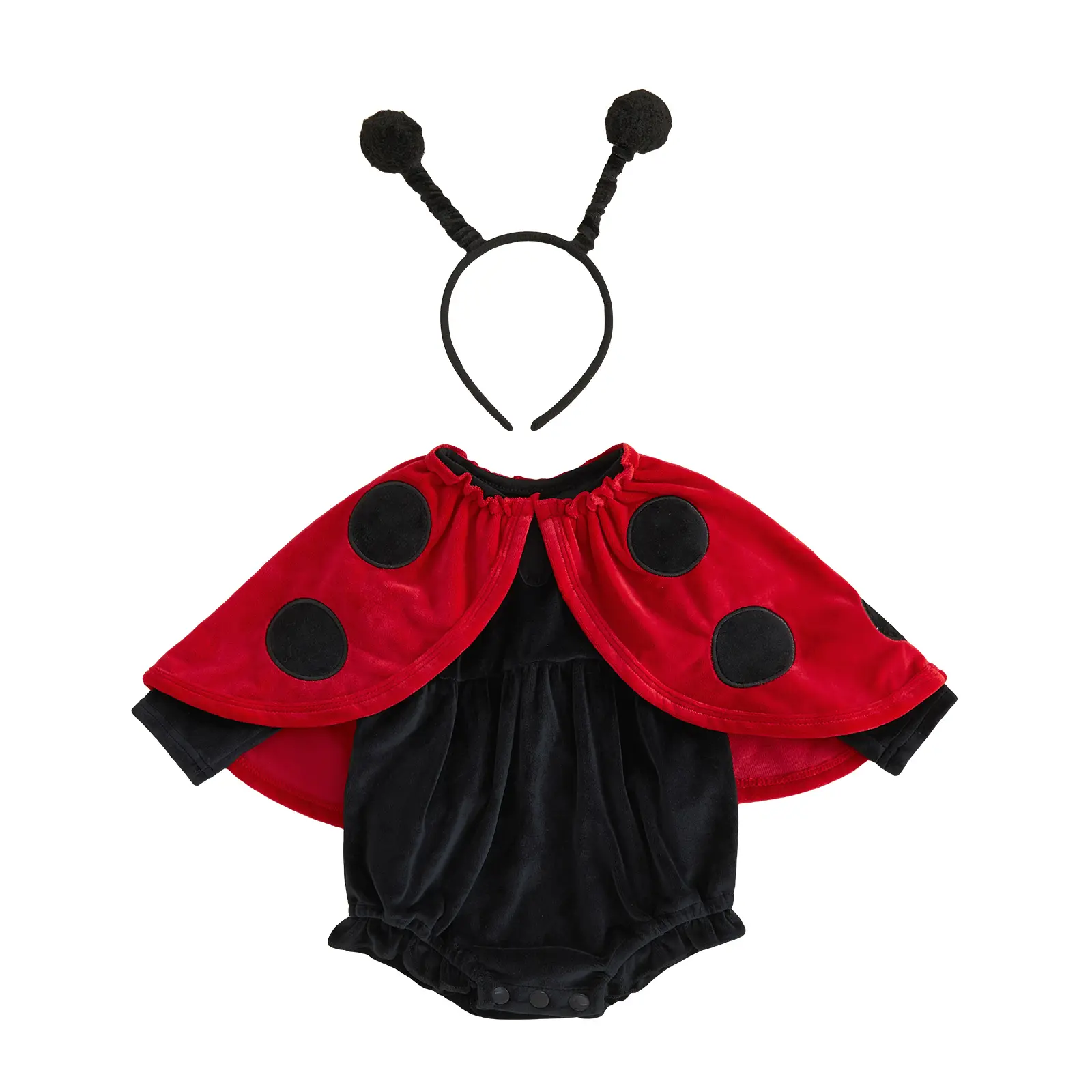 REDWOON Newborn Baby Boy Girl Ladybug Halloween 3 Piece Costume Set Velvet Cape Long Sleeve Bodysuit Antenna Headband Infant Cosplay Outfit