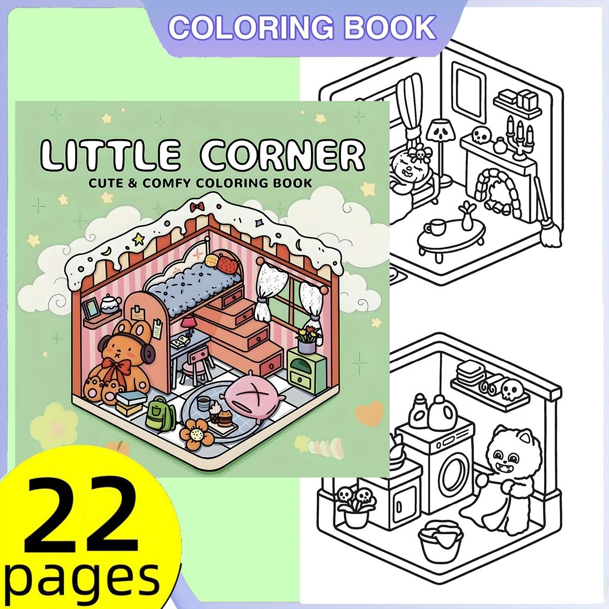 Little Corner Cute & Comfy Coloring Book for Kids & Adults - 22 Premium Easy Coloring Pages, 120gsm Thick No Bleed Paper, Non-Toxic Odorless, Perfect for Stress Relief, Mindfulness & Relaxing Coloring