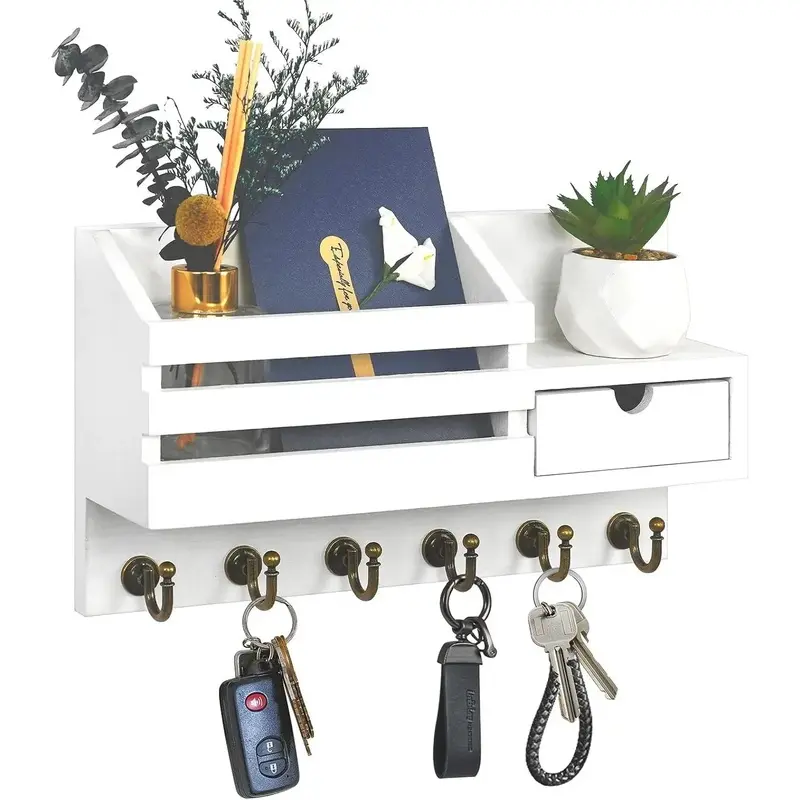 Minimalist Wooden Compact Wall Mount Key Holder - Home Decor Entryway Organizer with 6 Hooks, Built-In Drawer, Easy Installation, Mail Storage, Shelves for Storage, Entryway Keys (A-White)