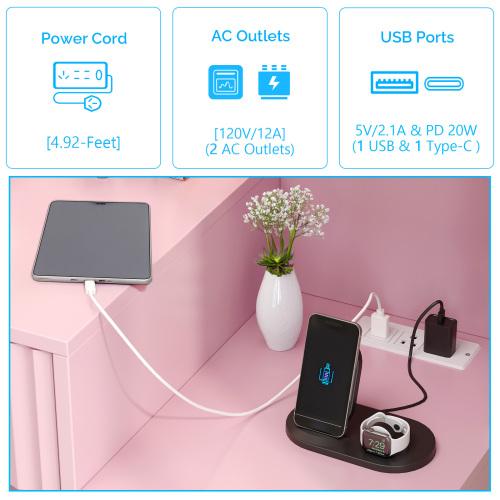 Ktaxon Pink Modern Fluted Makeup Vanity Desk with Mirror Lights Power Outlet 7 Drawers 4 Shelves Charging Station for Bedroom