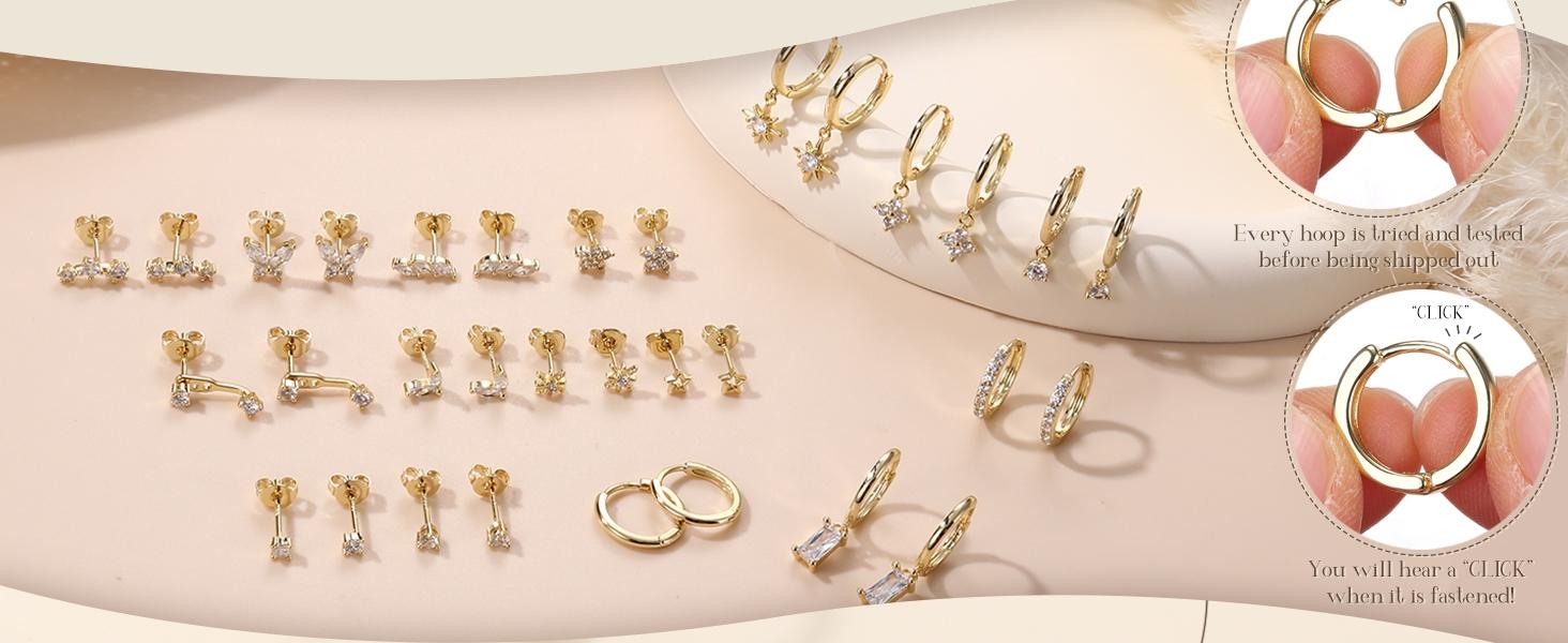 Hoop Earrings for Women, Small Sterling Silver Studs, Hypoallergenic 14k Gold Plated, 4 Pairs for Cartilage