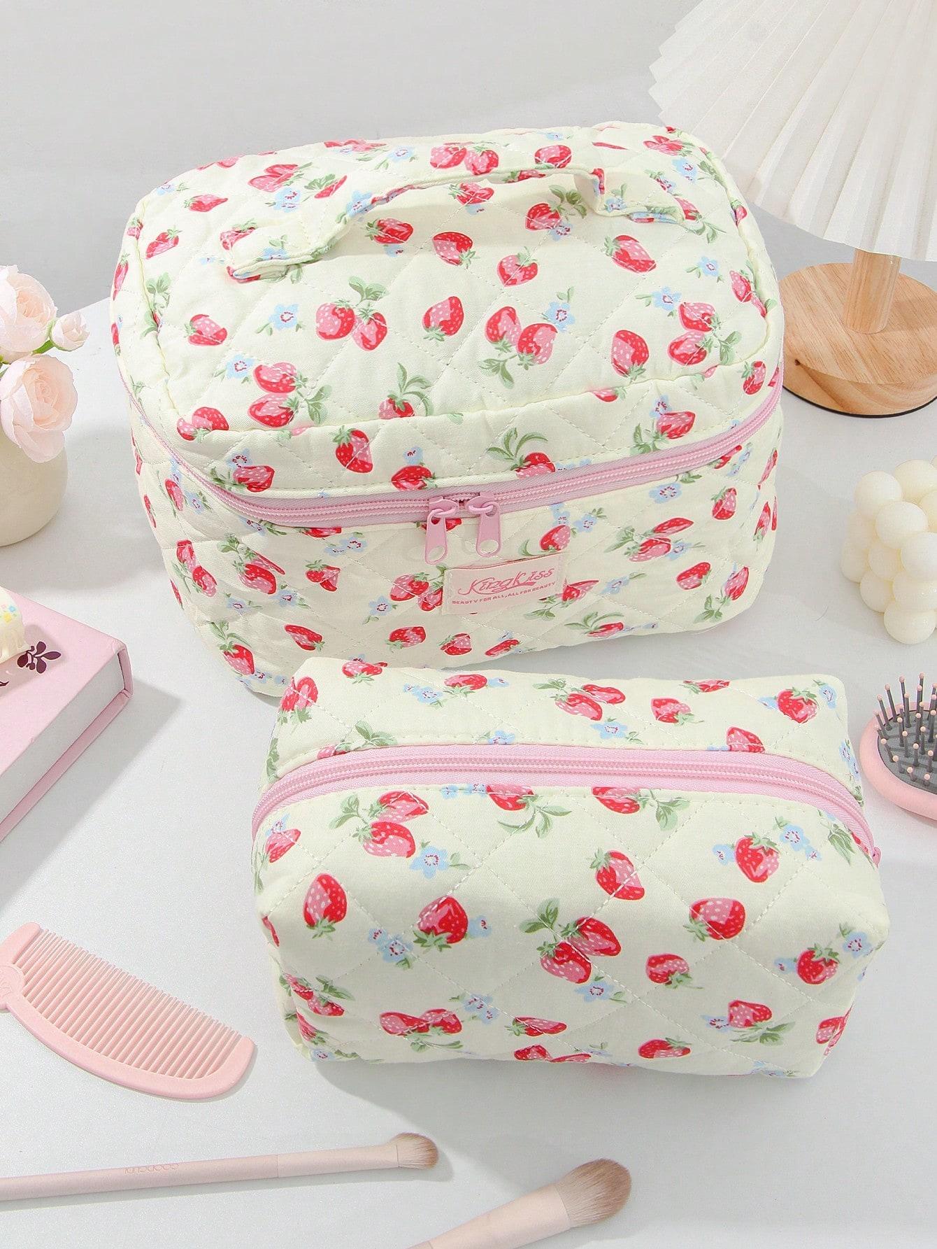Cute Strawberry Pattern Makeup Bag, Large Capacity Travel Cosmetic Organizer, Multi-Functional Storage Pouch for Girls, Handy Makeup Brush & Pencil Case, Zipper Makeup Bag