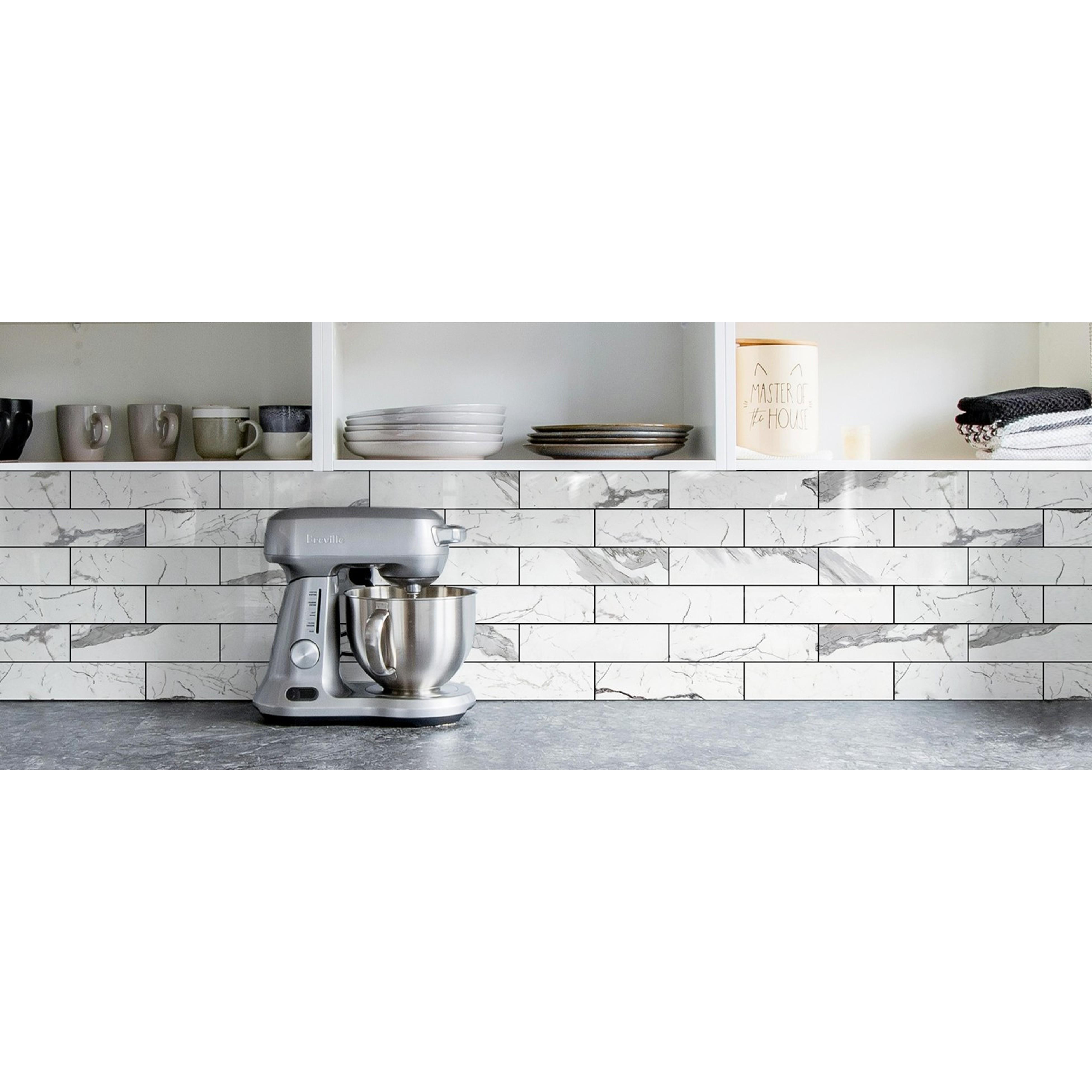 Peel and Stick Backsplash, Glossy 40-Piece 3''x12'' Subway Tile | Statury White with Dark Gray Grout Wall Tile,PVC Faux Stone Stick on Subway Tiles for Kitchen,Bathroom,Laundry,Camper Peel and Stick Backsplash, Glossy 40-Piece 3''x12'' Subway Tile | Statury White with Dark Gray Grout Wall Tile,PVC Faux Stone Stick on Subway Tiles for Kitchen,Bathroom,Laundry,Camper