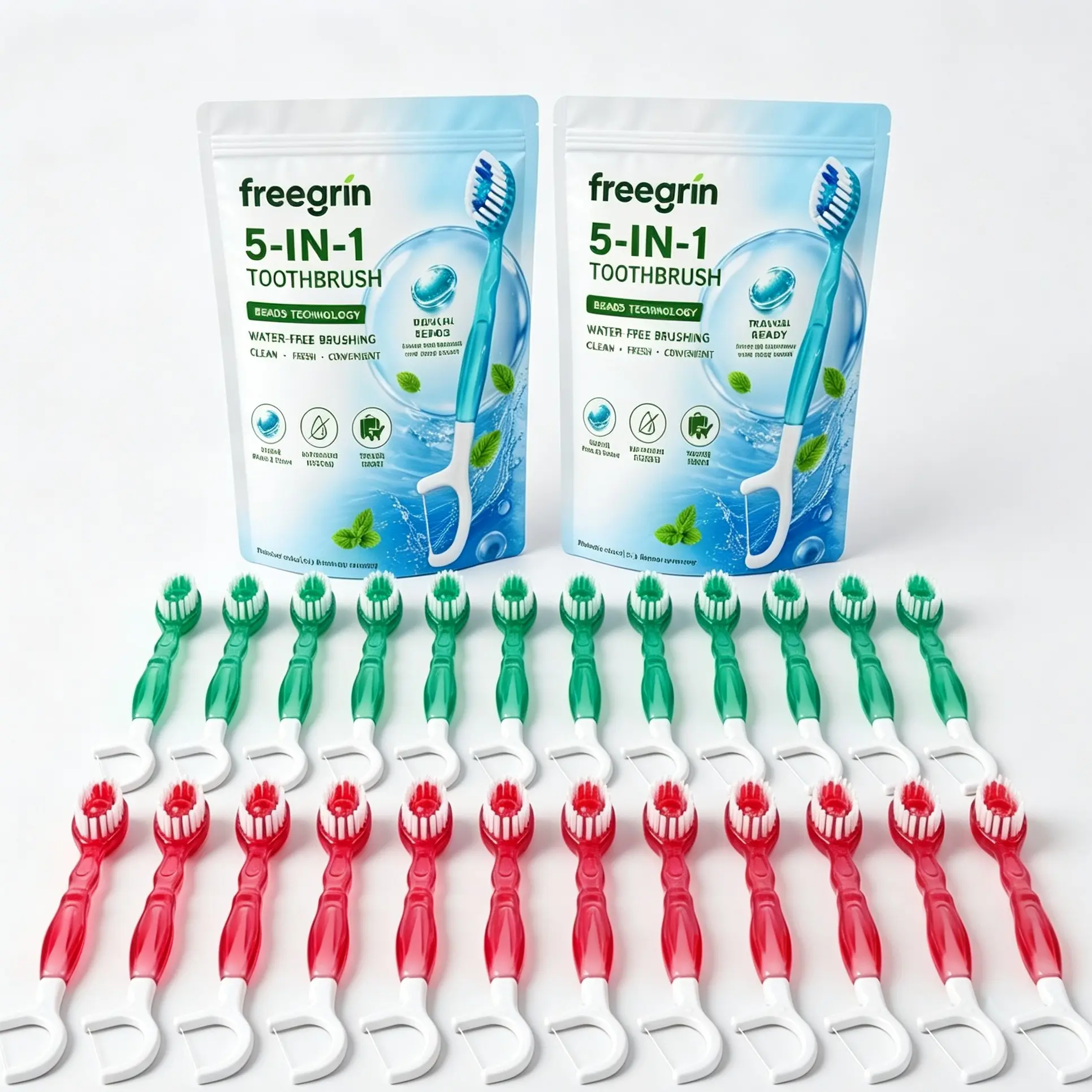 5-in-1 Portable Travel Toothbrush Disposable Toothbrushes 24 Count, Peach & Green Tea Flavor Disposable Mini Individually Packed with Toothpaste, Oral Care Set with Floss Tongue Scraper