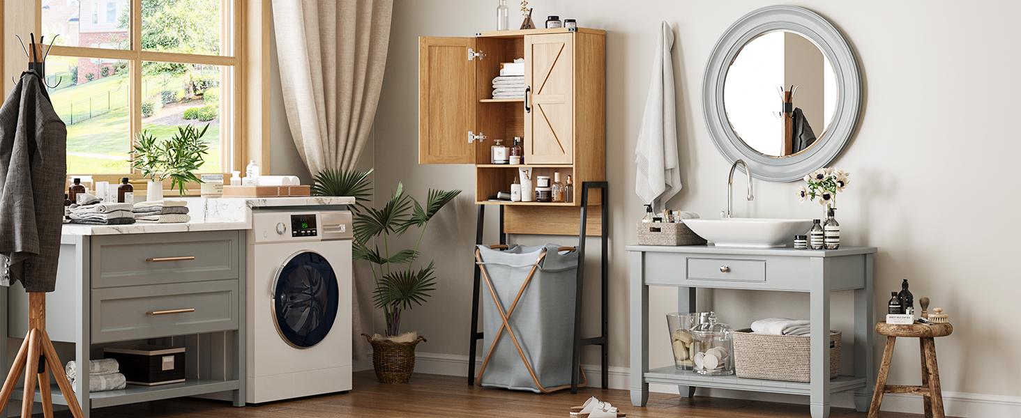 Vabches Over Toilet Storage with 2-Door Design Over The Toilet Storage Cabinet with Shelves Bathroom Organizers and Storage with Anti-Tip Device Over Toilet Organizer for Bathroom,Restroom,Laundry