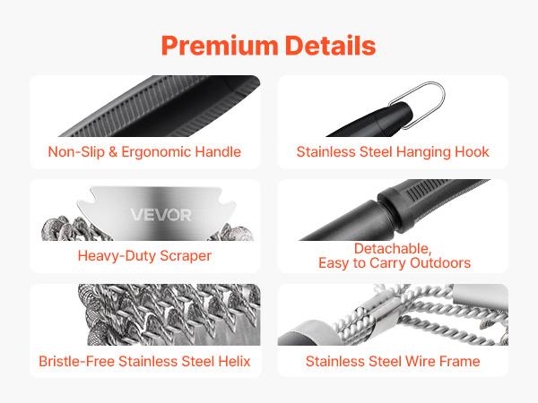 VEVOR Grill Brush and Scraper, BBQ Brush for Outdoor Grills, Stainless Steel Woven Wire, Bristle Free Barbecue Brushes for Porcelain, Charcoal, Grate Cleaner Grill Accessories, 17 in