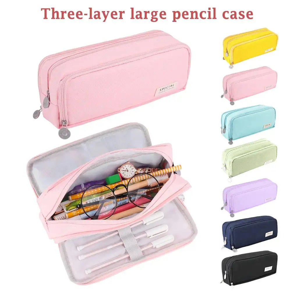 Large Pencil Case 3 Compartments Pencil Pouch Big Capacity Pencil Bag Oxford Stationery Storage Pen Bag Cosmetic Makeup Pouch for Women Girls