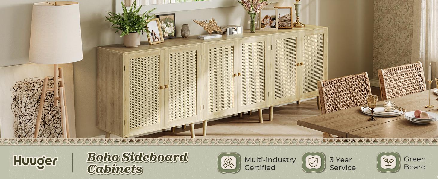 Huuger Buffet Cabinet with Storage, Storage Cabinet with PE Rattan Decor Doors, Media Console with Solid Wood Feet, Sideboard Cabinet for Hallway, Entry, Living Room