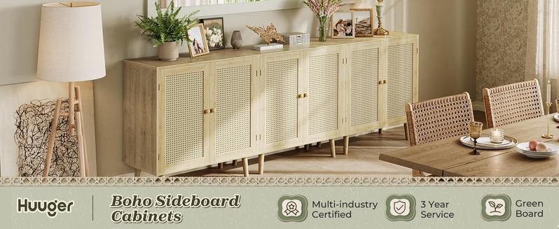 Huuger Buffet Cabinet with Storage, Storage Cabinet with PE Rattan Decor Doors, Media Console with Solid Wood Feet, Sideboard Cabinet for Hallway, Entry, Living Room