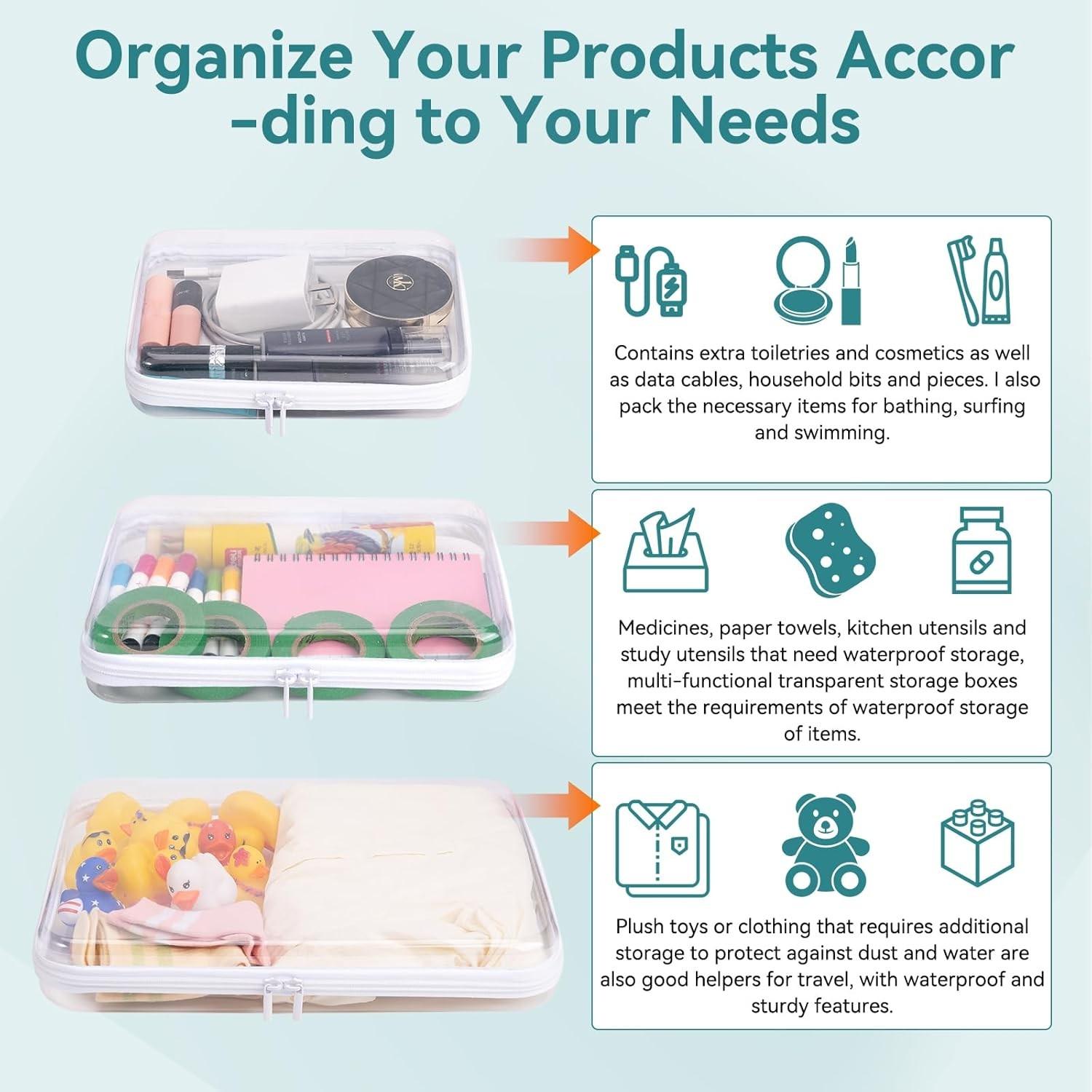 Transparent Plastic Zipper Box, Dual Zipper Hard Bag, Portable Travel Organizer, Cosmetics, Toys, Snacks, 1L+1m+1s, Pet Material