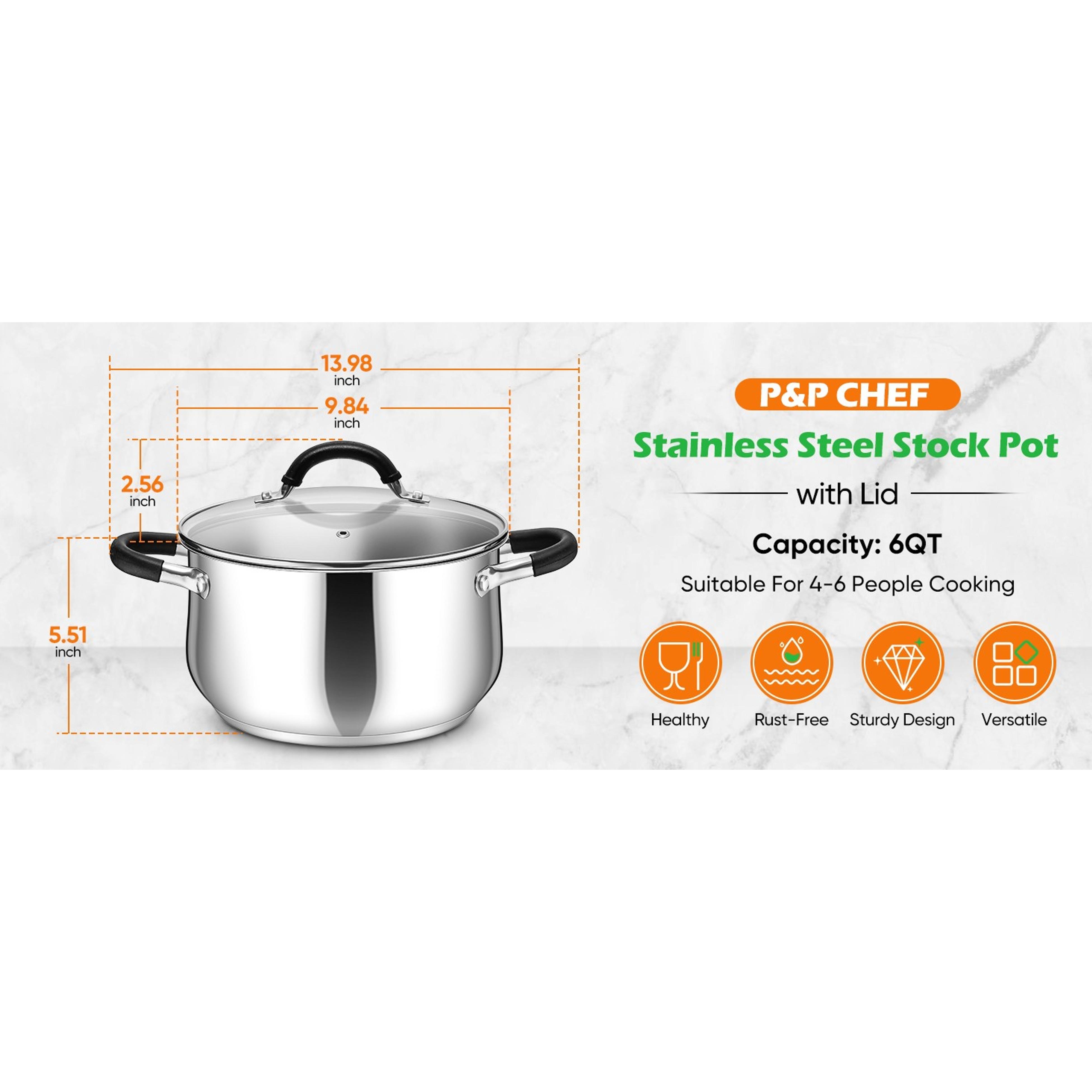 6 Qt Stainless Steel Stock Pot, Tri-Ply Bottom Soup Cooking Pot with Visible Lid, Dual Heatproof Handles, Fits Induction Gas All Stoves, Non-Toxic & Dishwasher Safe for Pasta Soup Stew