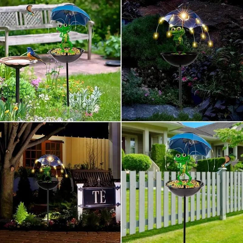 Solar LED Frog Bee Flamingo Umbrella Light with Bird Feeder, Outdoor Garden Decoration, Weather Resistant Metal Design, Yard Lawn Pathway
