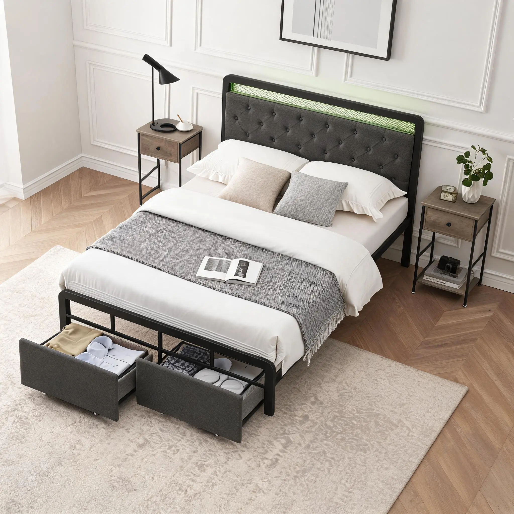 Modern Comfort Queen Upholstered Platform Bed Frame, LED Button Tufted Headboard, 2 Underbed Storage Drawers, Heavy-Duty Metal Support Slats, Noise-Free Design, No Box Spring Needed, Dark Gray Finish