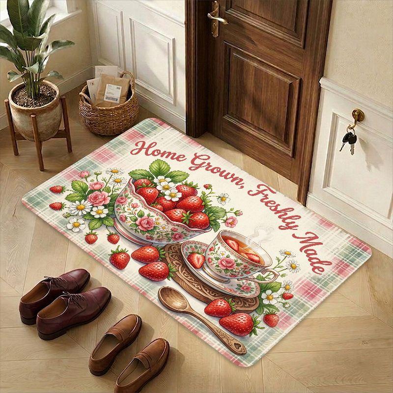 Vintage Pink Green Plaid Strawberry Tea Doormat Soft Cozy Thick Flannel Plush Non Slip Machine Washable Entryway Rug For Indoor Bedroom Kitchen Bathroom Living Room Office Outdoor Porch Balcony Hallway Treads Stair Non-Slip