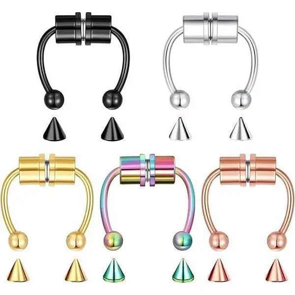 Fashion Surgical Steel Body Jewelry Accessory Set (1-5 Pcs) - 18 Gauge Skin-Safe Non-Piercing Fake Piercings, Clip-On Nose Ring, Magnetic Hoop, Double Cuff, Faux Septum, Lip/Cartilage Ear Piece for Styling (Nose Piercing Accessories Included)