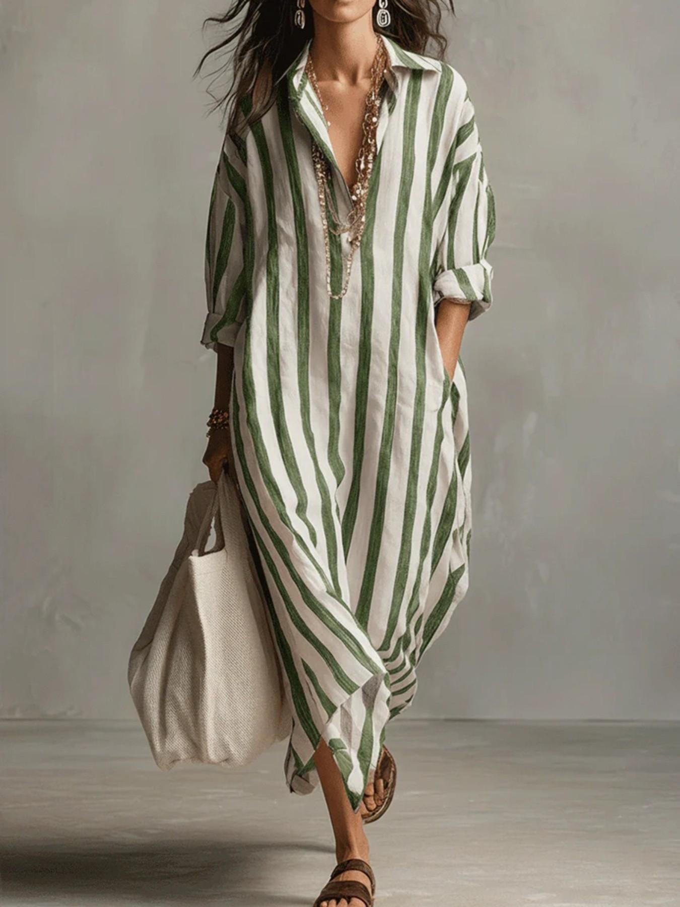 Summer Lightweight Loose Striped Long Shirt Dress, Casual Dress, Women's Comfortable Stylish Collared Three-Quarter Sleeve Pocket Dress, Comfortable and Stylish