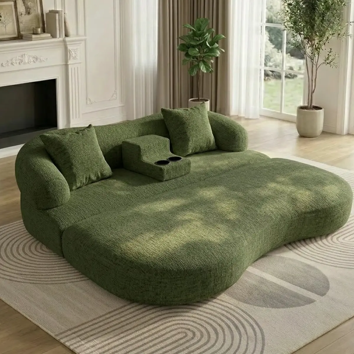 70'' 2-in-1 Convertible Sleeper Sofa Bed with Cup Holders, Chenille Loveseat Couch with One-Piece Solid Foam, Modern Curved Couch Bed for Living Room Studio Guest Room, Army Green