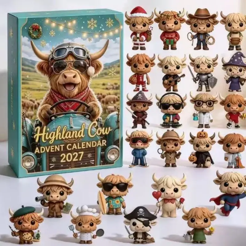 2027 Highland Cow Advent Calendar, 24 Pcs Cute Collectible Highland Cow Mini Figures, Christmas Countdown Advent Calendar Toy Set, Holiday Surprise Gift for Kids Adults, Christmas Home Decor