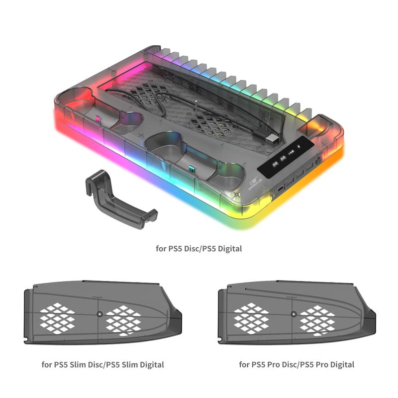 Gaming Console Charging Base, Dual Charging Stand with Earphone Hook, Vertical Cooling Support, Console Accessories for PS5 Controller, Charging Dock Accessories
