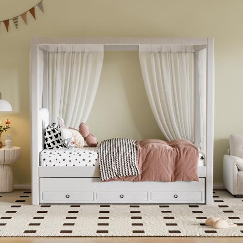 [Bellemave]  Twin/Full Size Upholstery Canopy Platform Bed with Trundle and Three Storage Drawers
