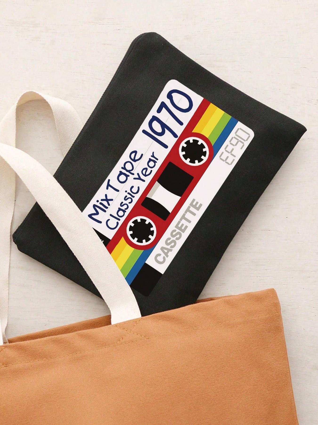 Vintage Tape Pattern Makeup Bag, Reusable Travel Organizer, Portable Vanity Case, Perfect Gift for Music Lovers, Multifunctional Storage