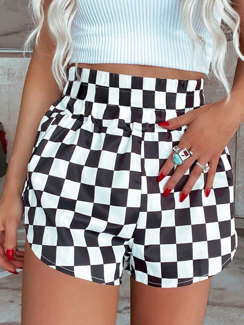 Women's Plaid Print High Waist Shorts, Checker Shorts, Casual Comfy Breathable Shorts for Daily Wear, Ladies Bottoms for Spring & Fall