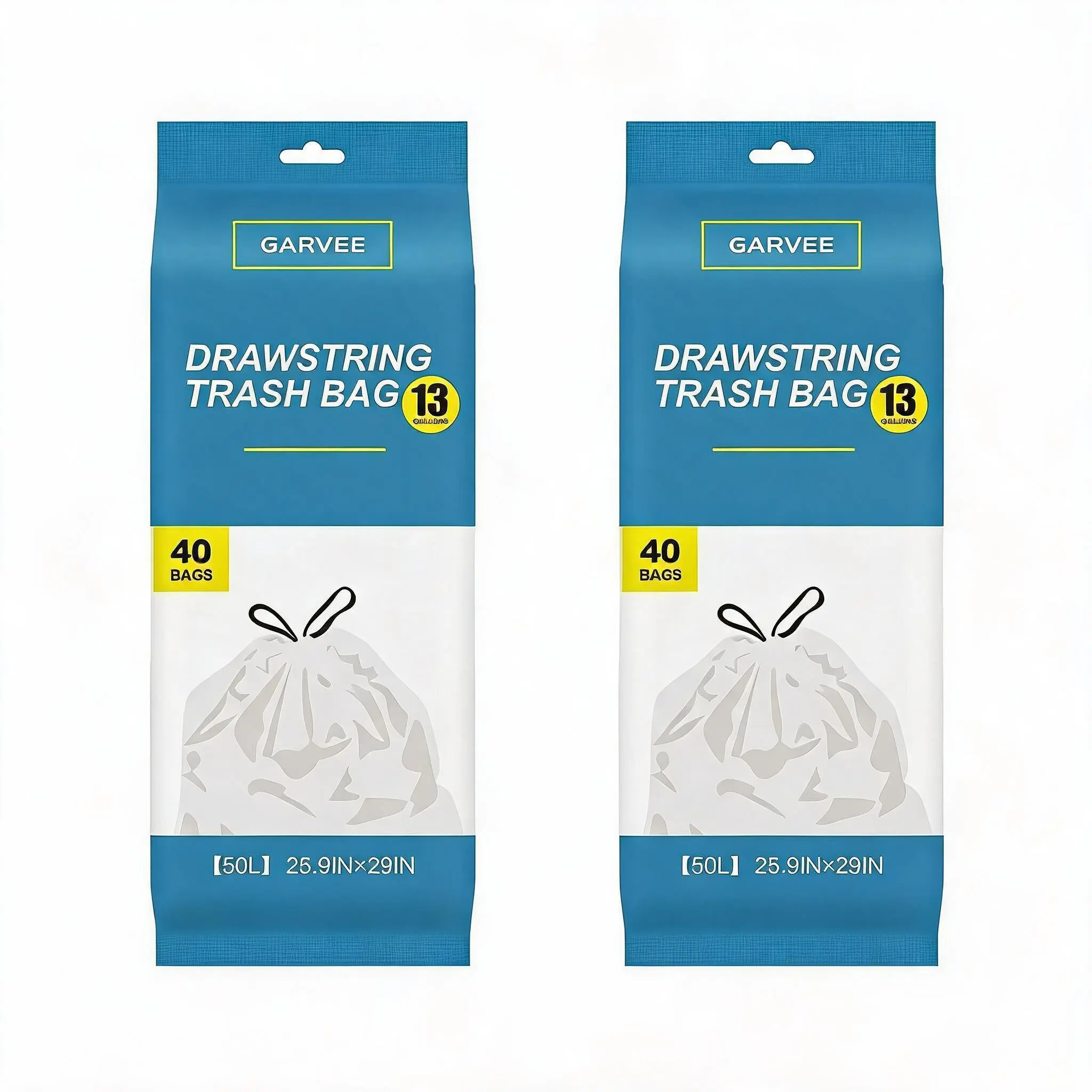 Kitchen Trash Bags, 13 Gal (50L) Drawstring Bin Liners, Heavy-Duty HDPE, Puncture & Leak Resistant, Unscented, 80 Count (2 Rolls), 26x29 in Household Pack