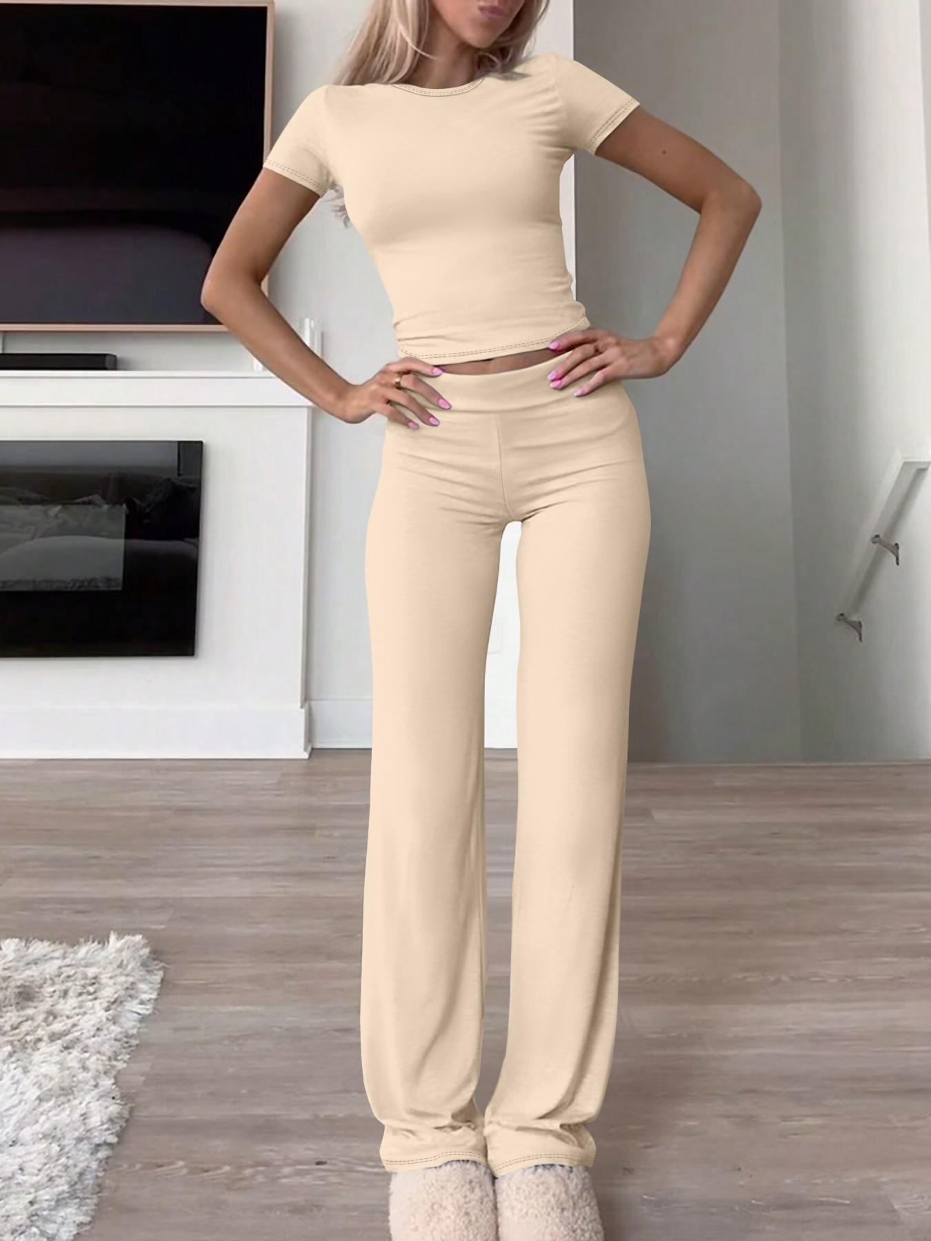 Women's Solid Color Top & Pants Two-piece Set, Casual Fashion Cozy Breathable Two Piece Outfits for Daily Outdoor Wear, Ladies Clothes for All Seasons,Airport Outfit