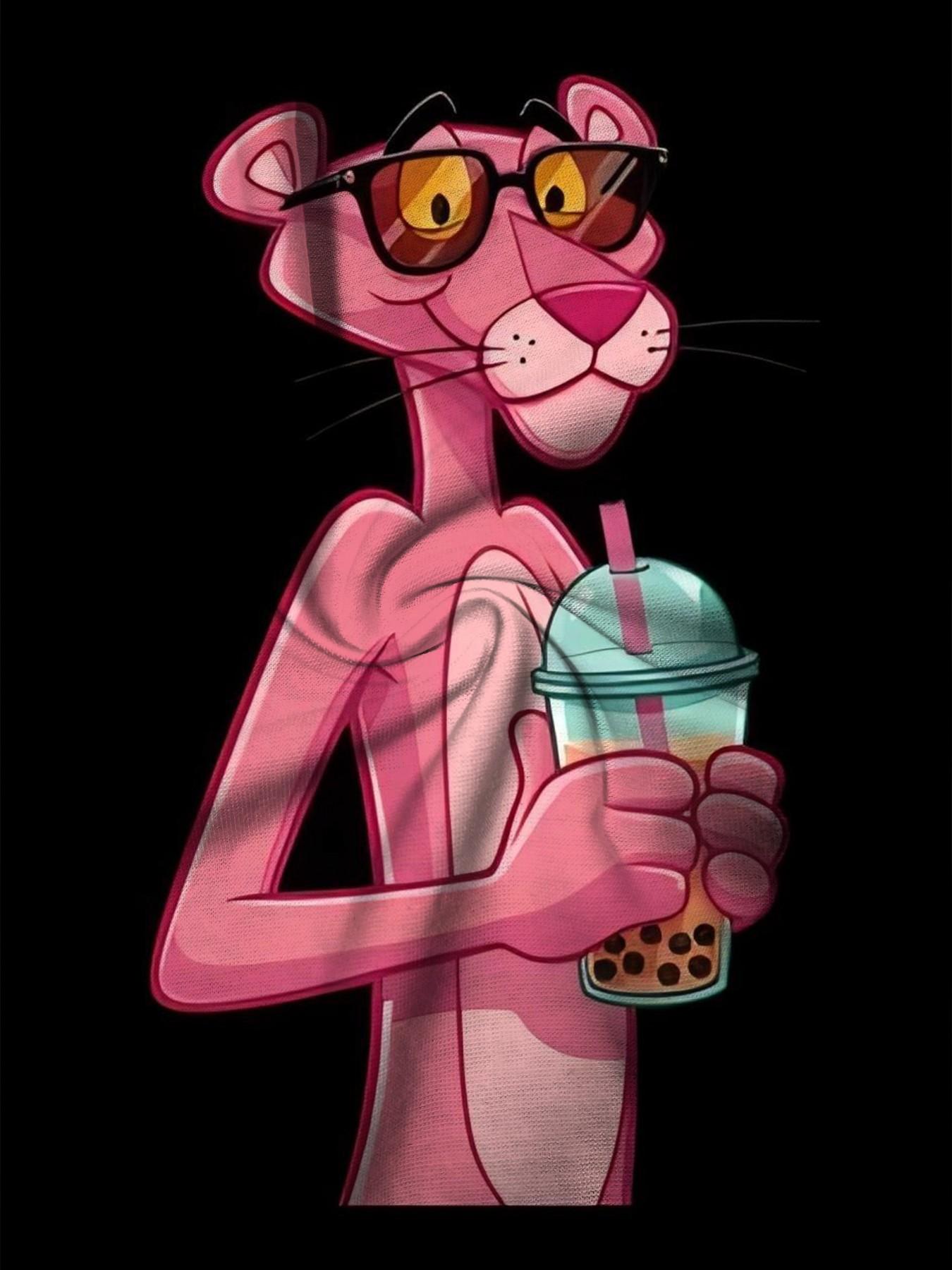 Panther Drinking Milk Tea T-Shirt, Men's Cartoon Print Short Sleeve, Casual Long Loose-Fit Top, Trendy Milk Tea Style