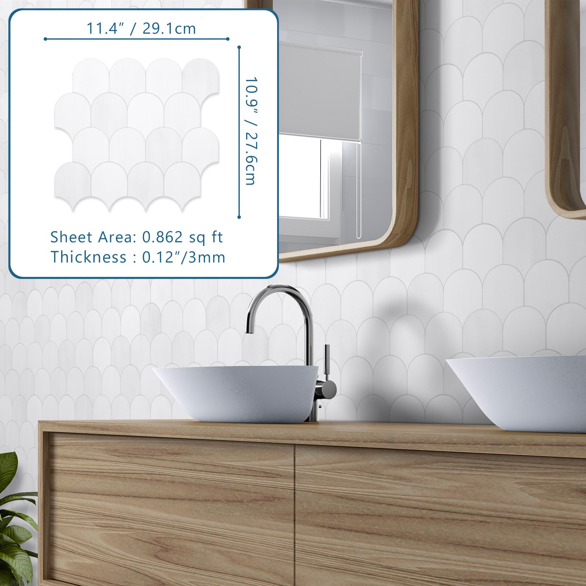 INNO STICKERS 10-Sheet Fish Scale Peel and Stick Backsplash Tile 11.4''x10.9" 3D White Scallop Handmade Looks Self Adhesive Wall Tiles for Kitchen Bathroom