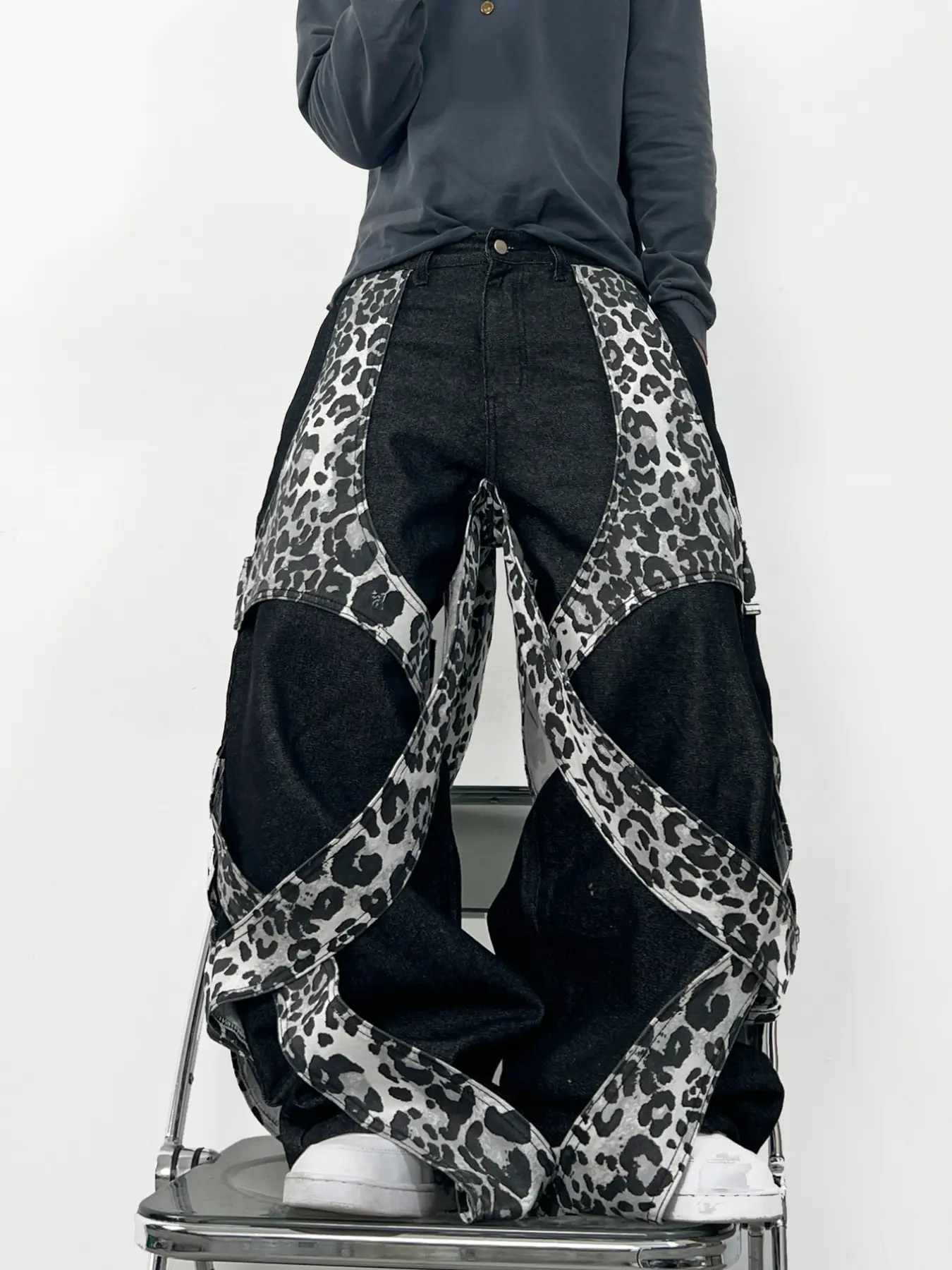 Y2K Gothic Aesthetic Baggy Men's Jeans Black Washed Leopard Print Patchwork Criss Cross Denim Pants Mid Rise Loose Wide Leg Jeans (Belt & Accessories Not Included)