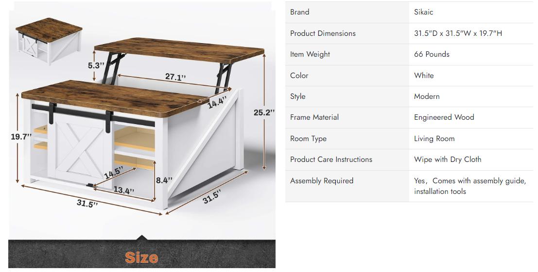 Sikaic 31.5 Inches Lift Top Coffee Table With Large Hidden Storage Compartment And Adjustable Shelves Rectangular Tabletop Acacia Wood Tabletop